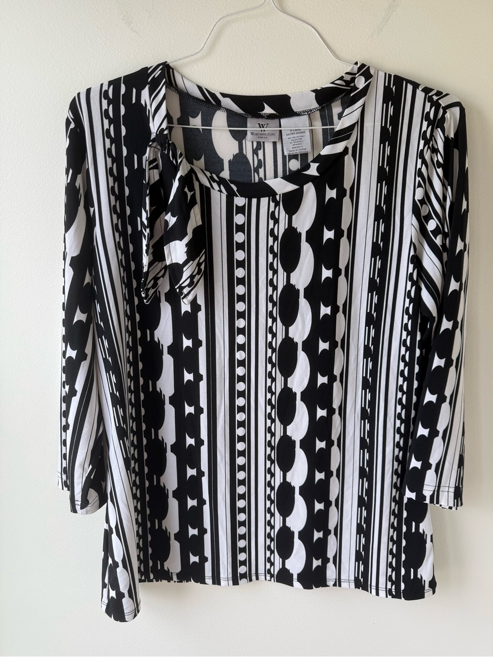 Worthington Black and White Geometric Tie-Neck Top